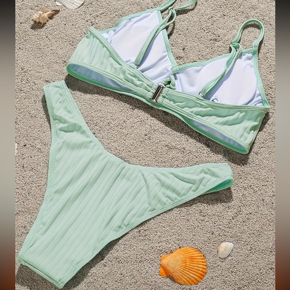 Mint Green Solid Ribbed Texture Bikini Swimsuit - Picture 5 of 8
